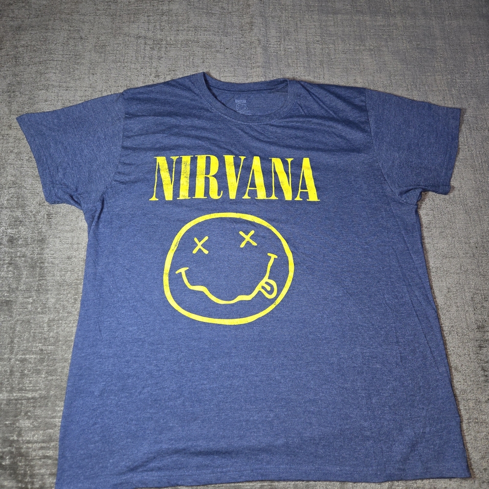 "Nirvana" Blue 2XL Yellow Smiley Face T-shirt